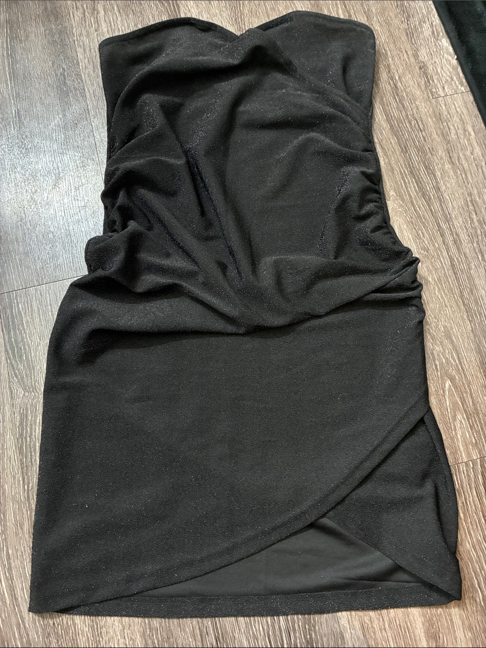 Strapless Black Ruched Wrap-Front Dress